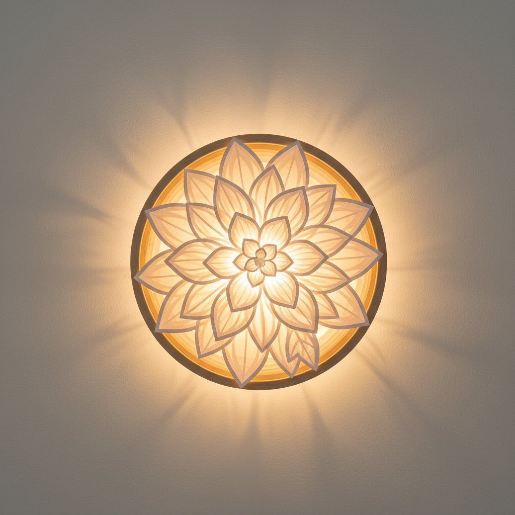 Glowing backlit layered paper-cut flower shadow box hanging on a wall