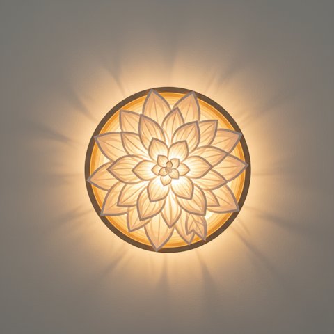 Glowing backlit layered paper-cut flower shadow box hanging on a wall