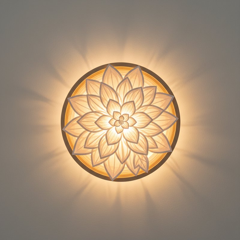 Glowing backlit layered paper-cut flower shadow box hanging on a wall