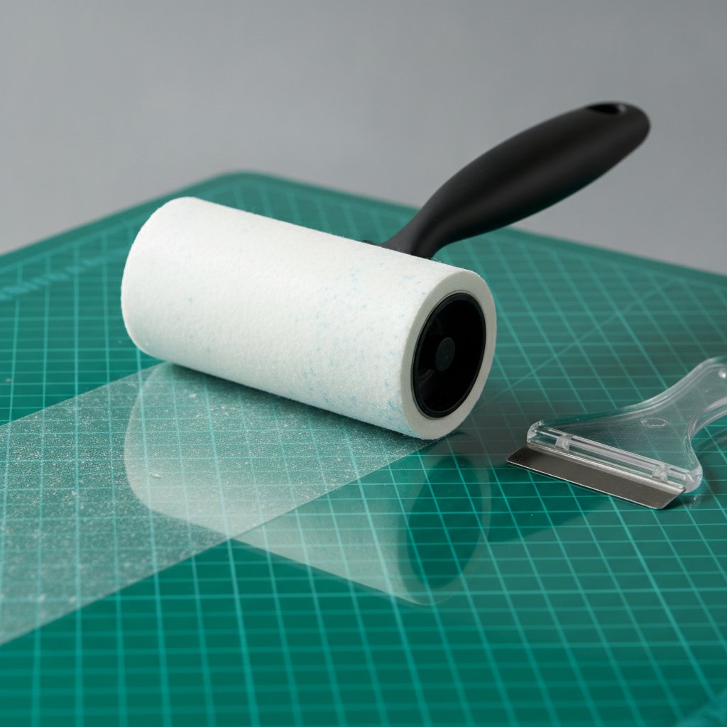 A lint roller restoring tackiness on an adhesive cutting mat with a plastic scraper nearby