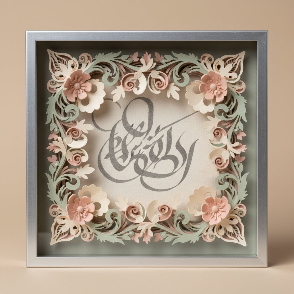Deep shadow box with an ornate layered papercut floral border framing hand-lettered art