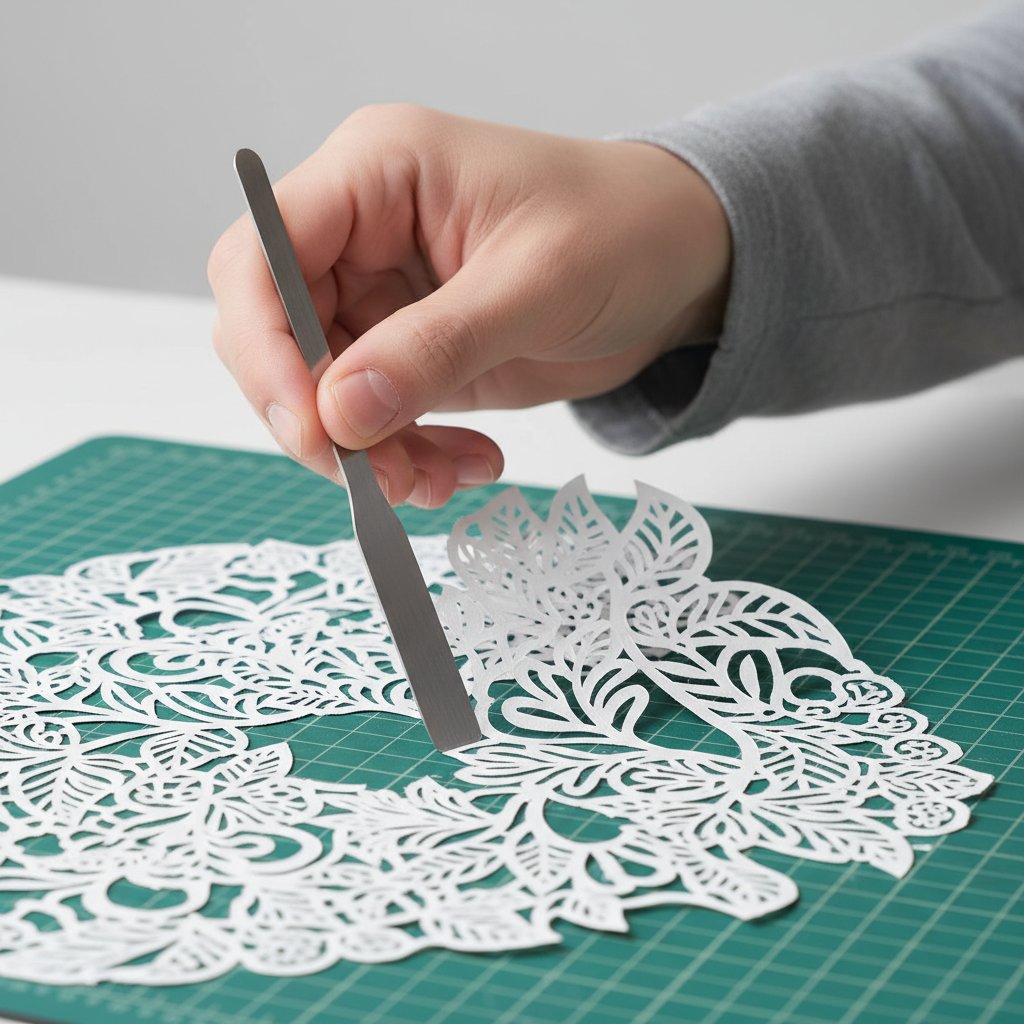 A hand using a flat spatula tool to gently lift a delicate intricate papercut design off a cutting mat