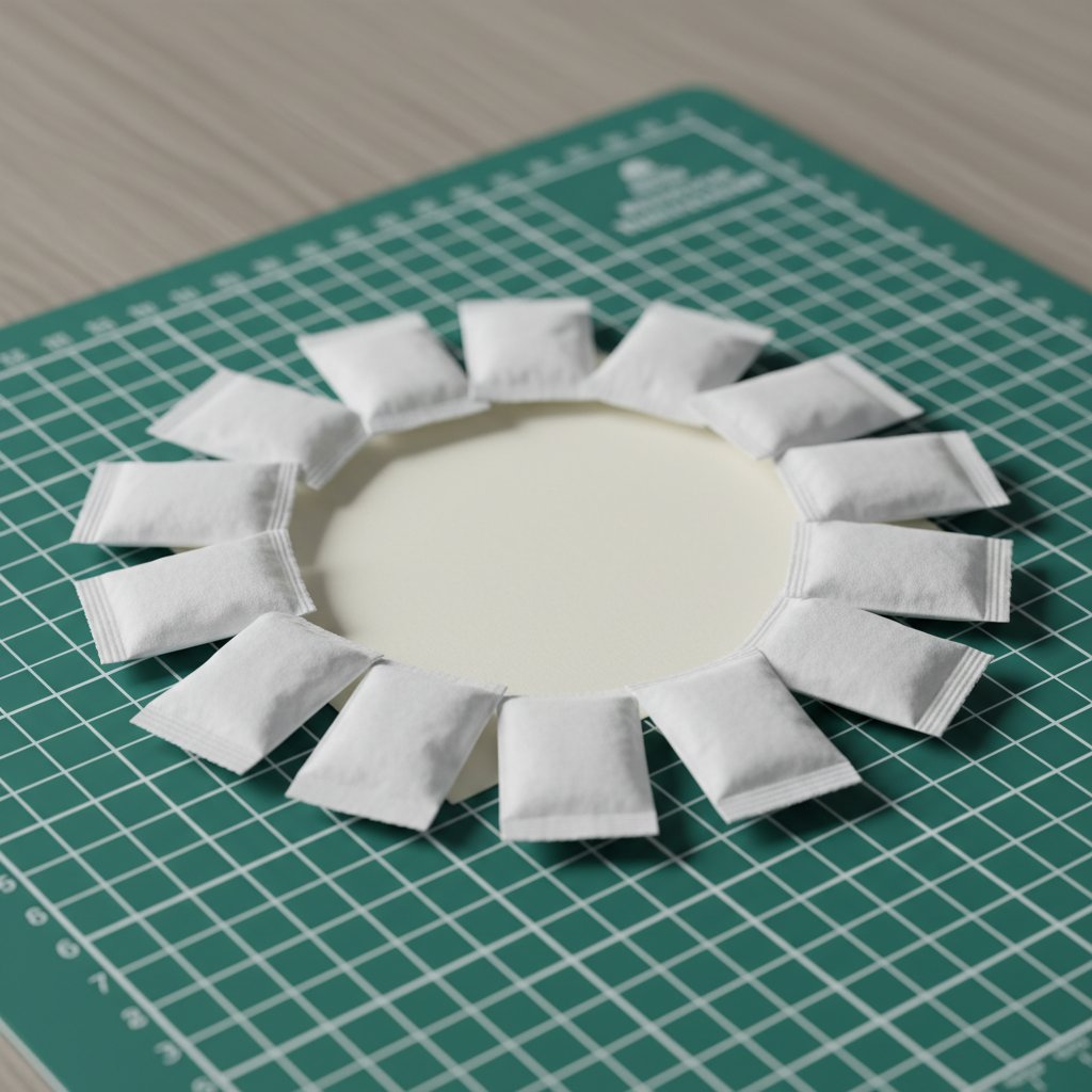 Plain white desiccant packets arranged in a ring around a sheet of cardstock on a green cutting mat to lower moisture