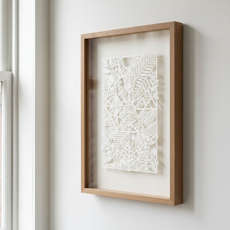Intricate papercut art float-mounted in a deep glassless wooden frame on a neutral wall with no glass reflection