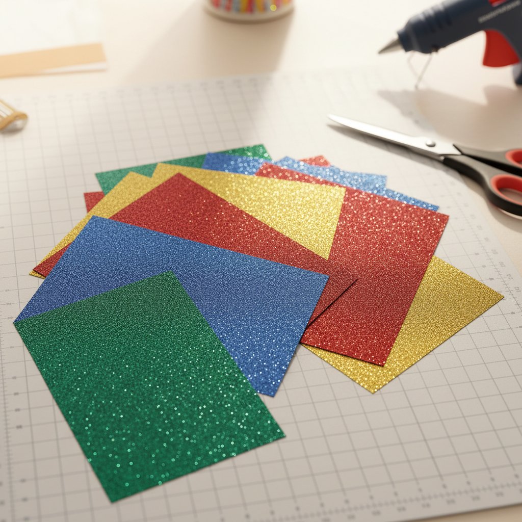 Fanned stack of jewel-tone glitter cardstock sheets catching the light