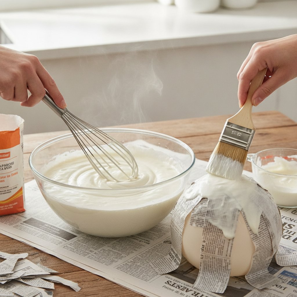 Paper mache paste being mixed in a bowl with a whisk, showing the smooth creamy consistency