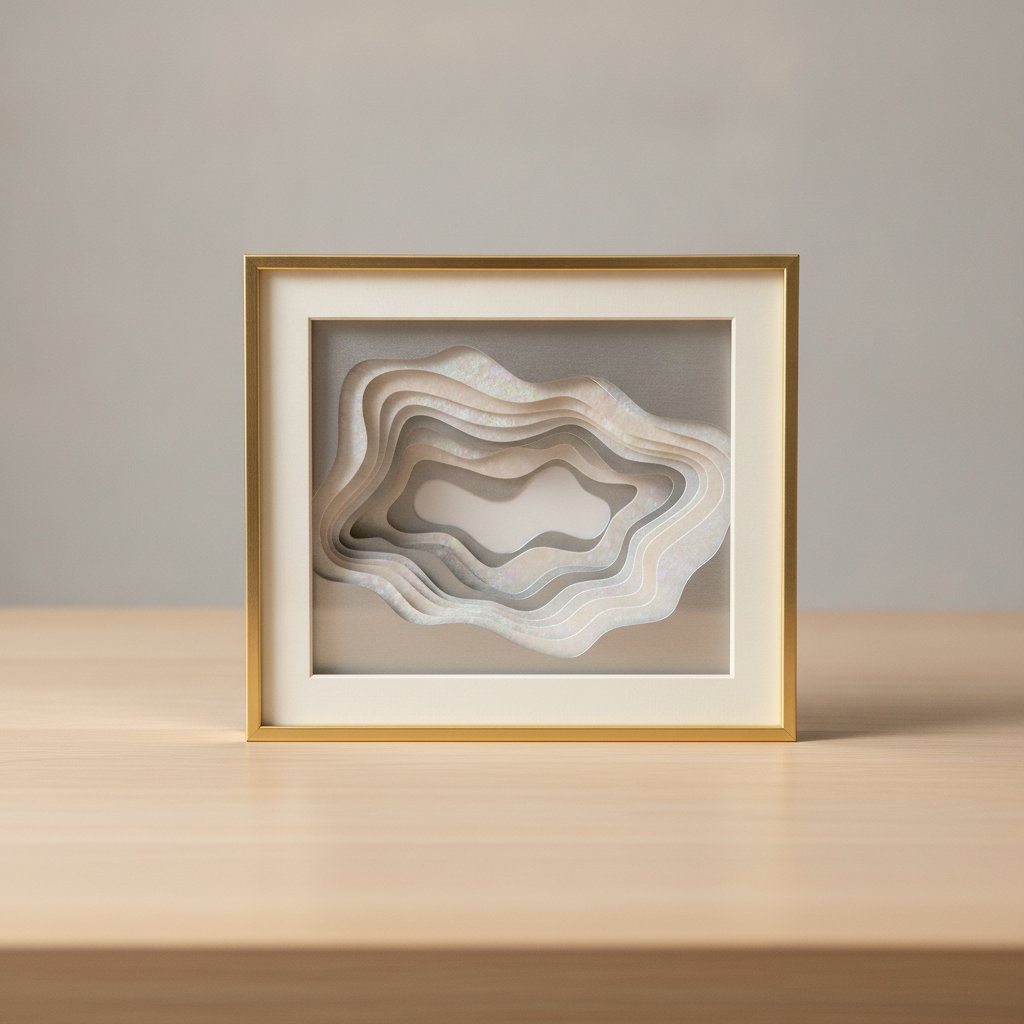 An elegant finished metallic and pearl cardstock shadow box framed on a table with soft light catching the reflective layers