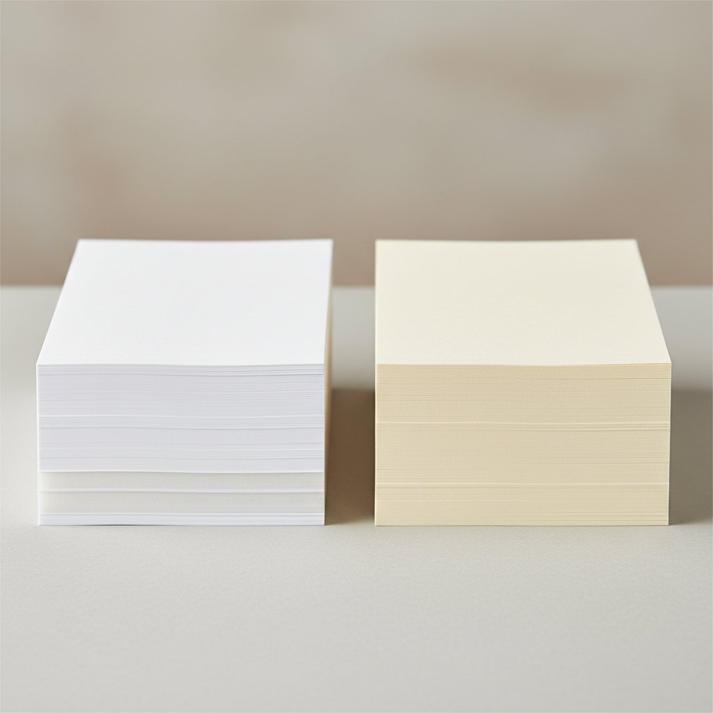 Neat stacks of white and cream cardstock showing different paper weights side by side