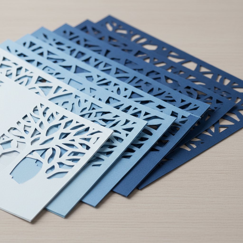Fanned stack of six cut paper cardstock layers for a shadow box showing graduated depth