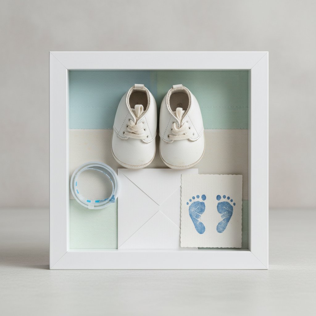 Baby milestone nursery shadow box with first shoes hospital bracelet footprints and birth card