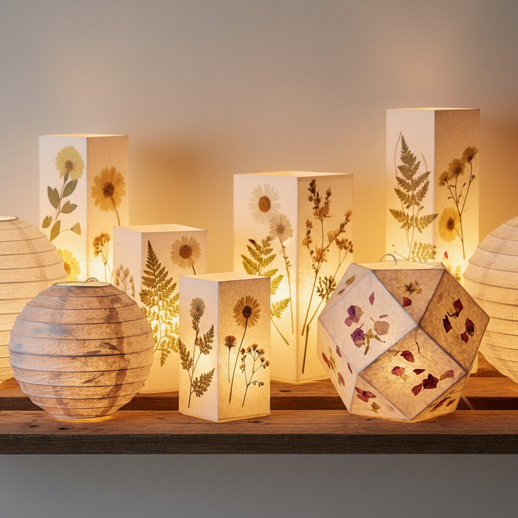 Group of finished DIY paper lanterns of different styles glowing warmly on a wooden shelf