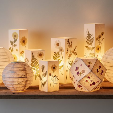 Group of finished DIY paper lanterns of different styles glowing on a wooden shelf