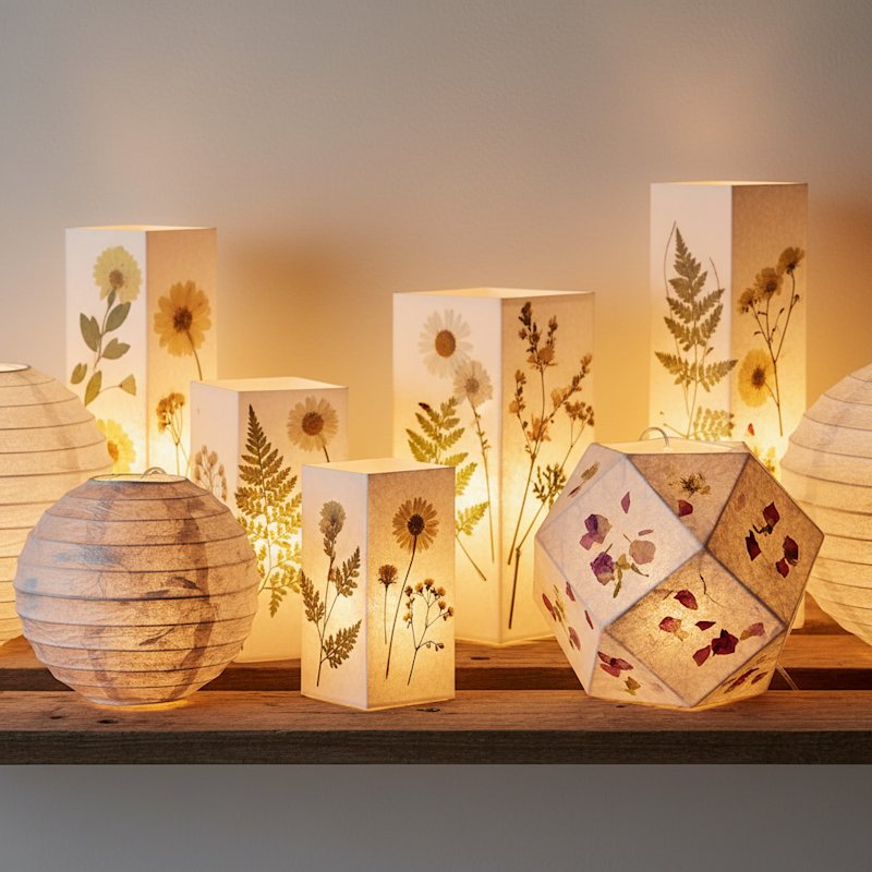 Group of finished DIY paper lanterns of different styles glowing on a wooden shelf
