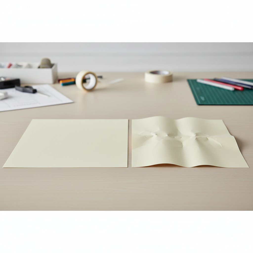 Two sheets of cardstock side by side, one flat and crisp and one wavy and curled from absorbing moisture