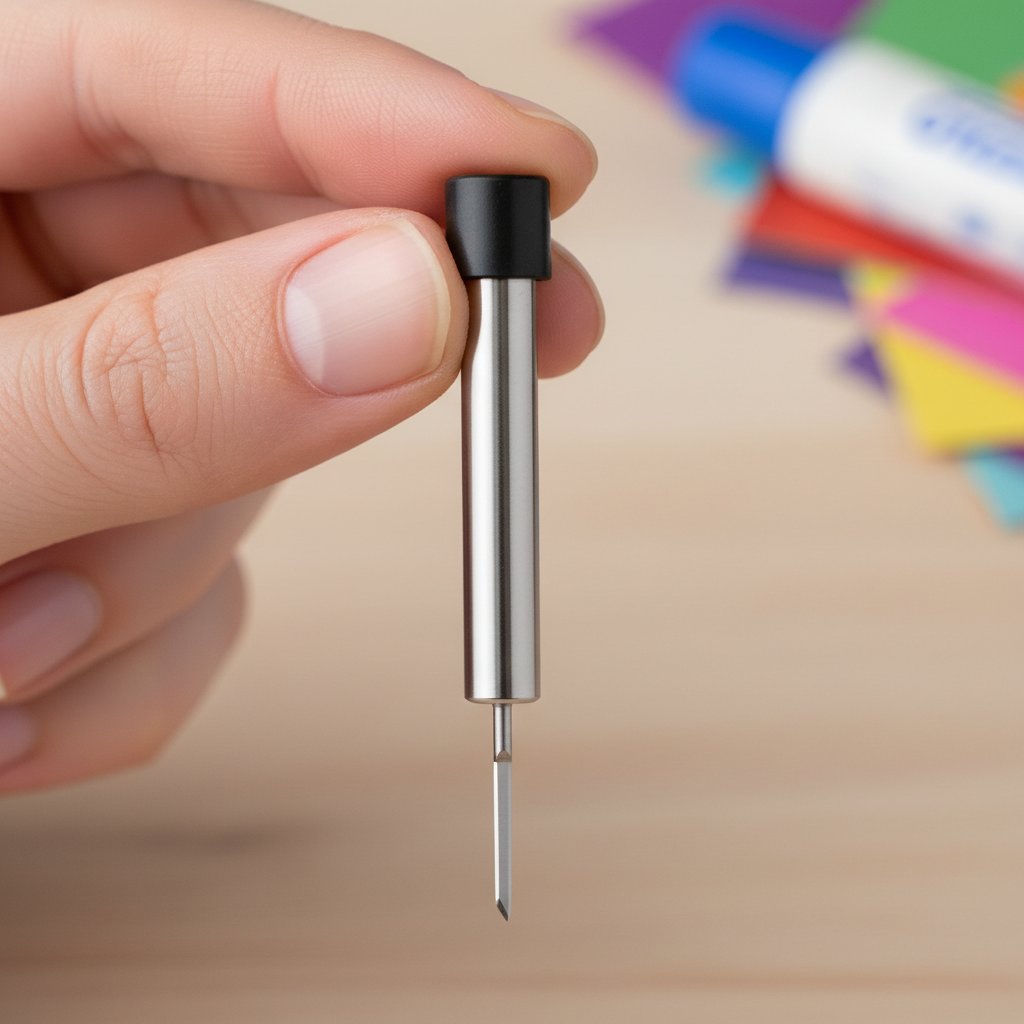 Close-up of a Cricut fine-point blade housing held in fingertips with the sharp metal blade tip extended