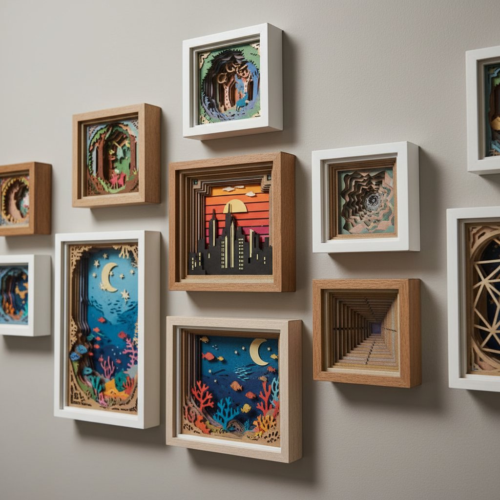 Growing collection of handmade layered paper-cut shadow boxes on a gallery wall