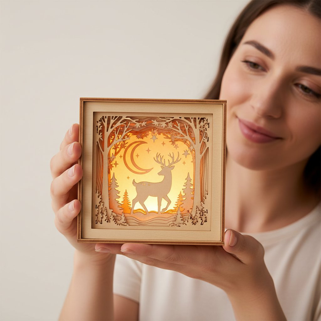 Crafter holding and admiring a finished glowing layered papercut shadow box in warm light