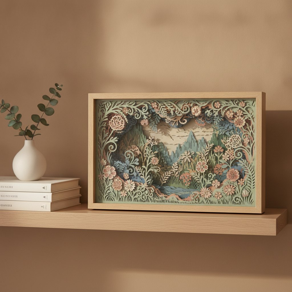 A finished layered papercut floral shadow box displayed as home decor on a styled shelf