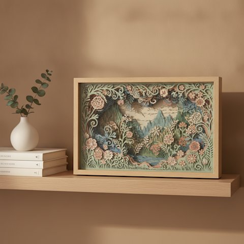 A finished layered papercut floral shadow box displayed as home decor on a styled shelf