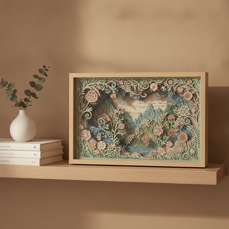 A finished layered papercut floral shadow box displayed as home decor on a styled shelf