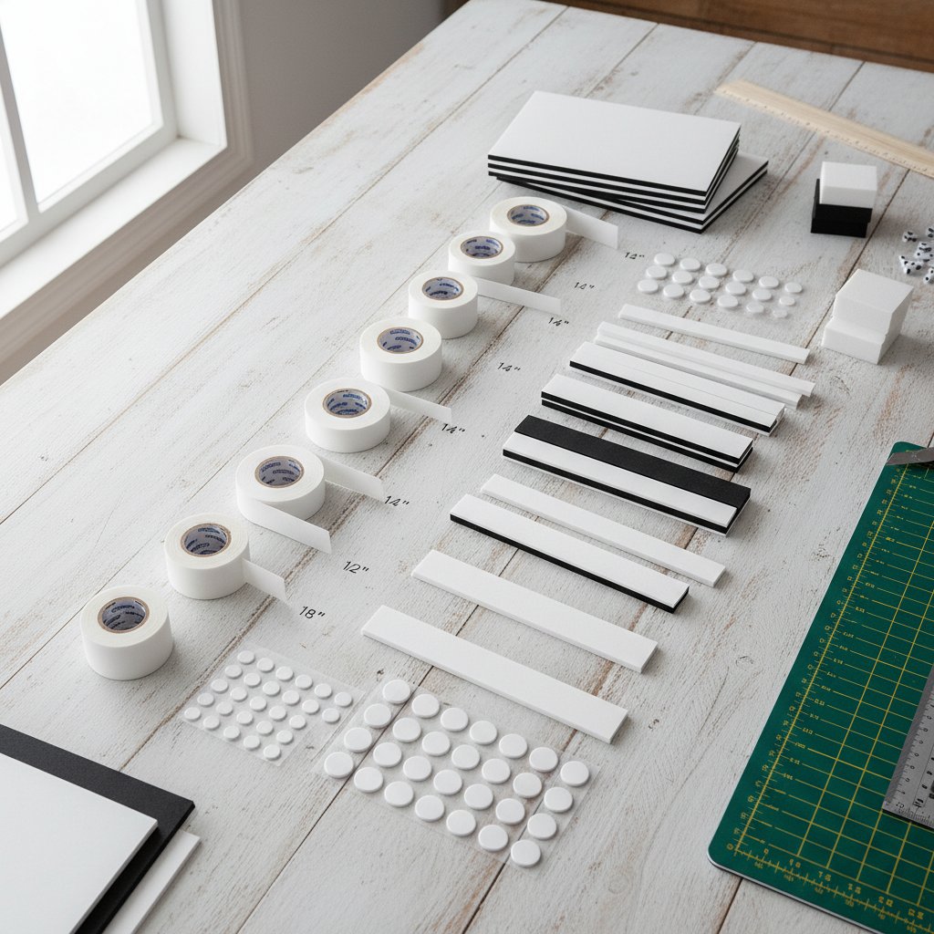 Various spacer materials for shadow box assembly including foam mounting tape, foam board, and dimensional adhesive dots arranged on a crafting surface