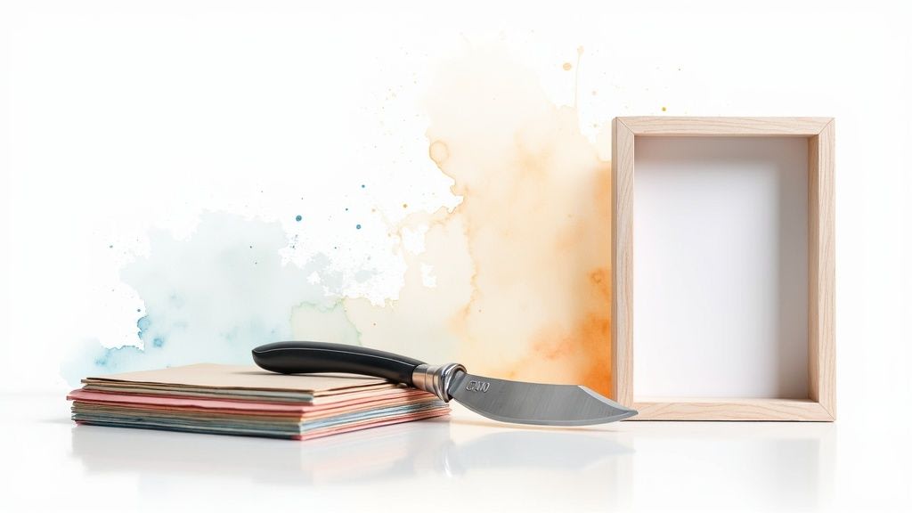 Empty wooden shadow box frame with craft knife and watercolor papers on white surface