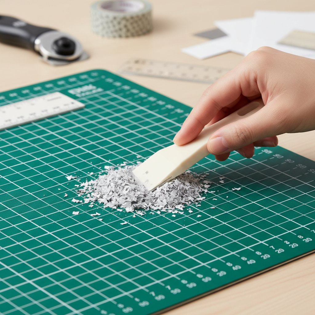 A hand using a plastic scraper to remove leftover paper fibers from a green cutting mat