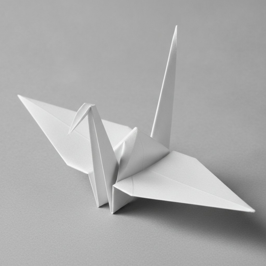 A single crisply folded white paper crane showing sharp clean creases