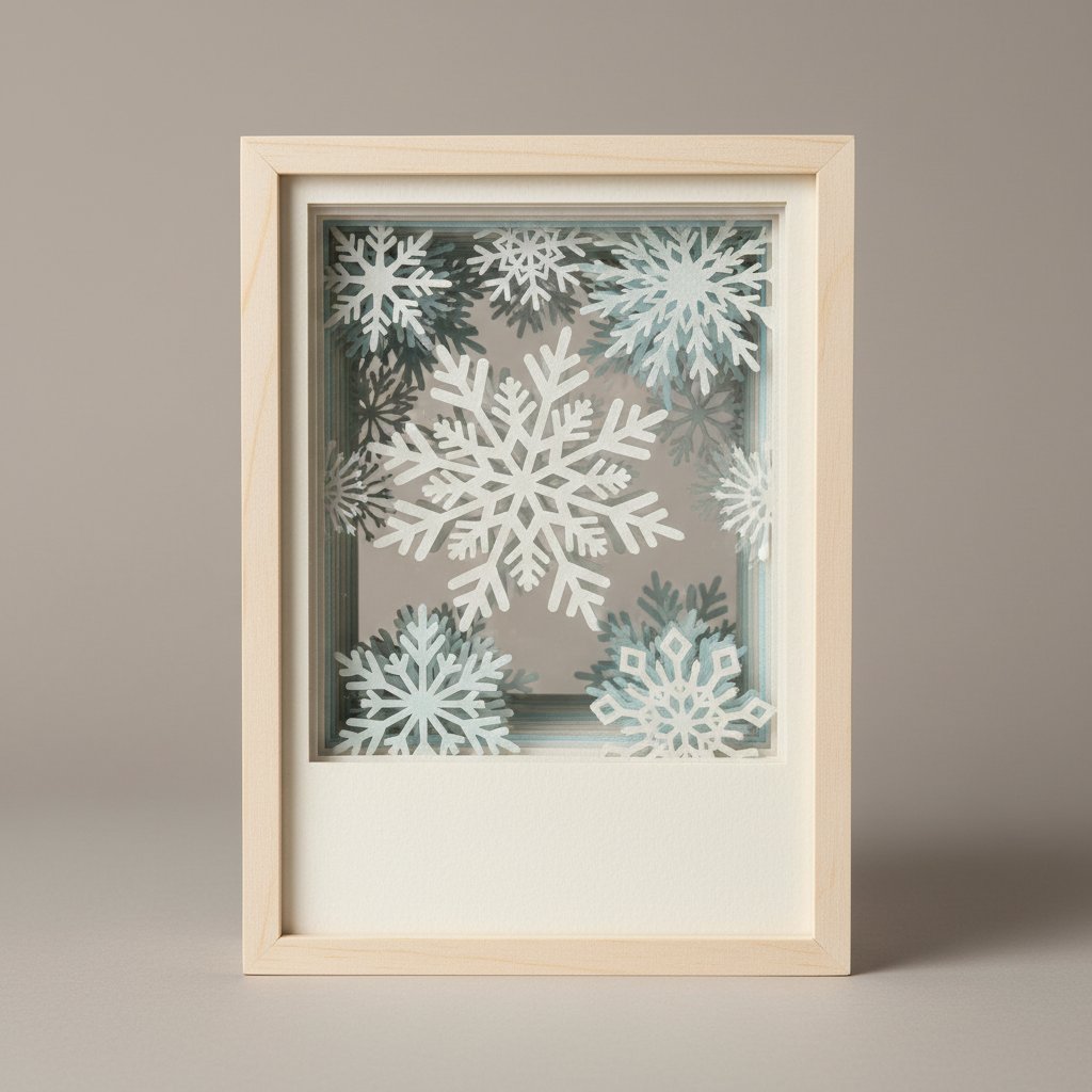 Side cross-section of a layered Christmas paper-cut shadow box showing sturdy base and delicate top layers