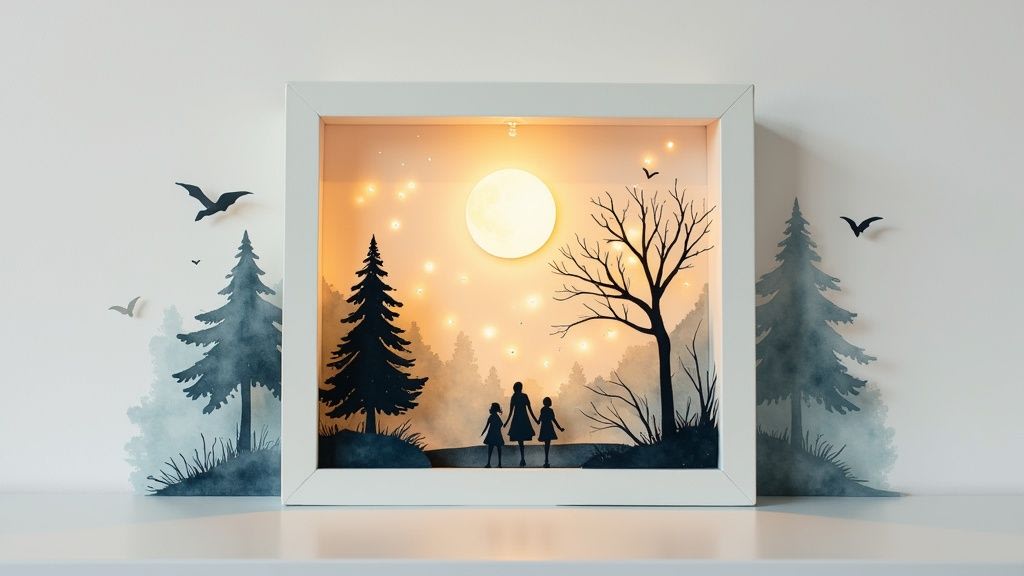 Illuminated shadow box displaying family silhouette scene with trees, moon, and warm glowing backlight