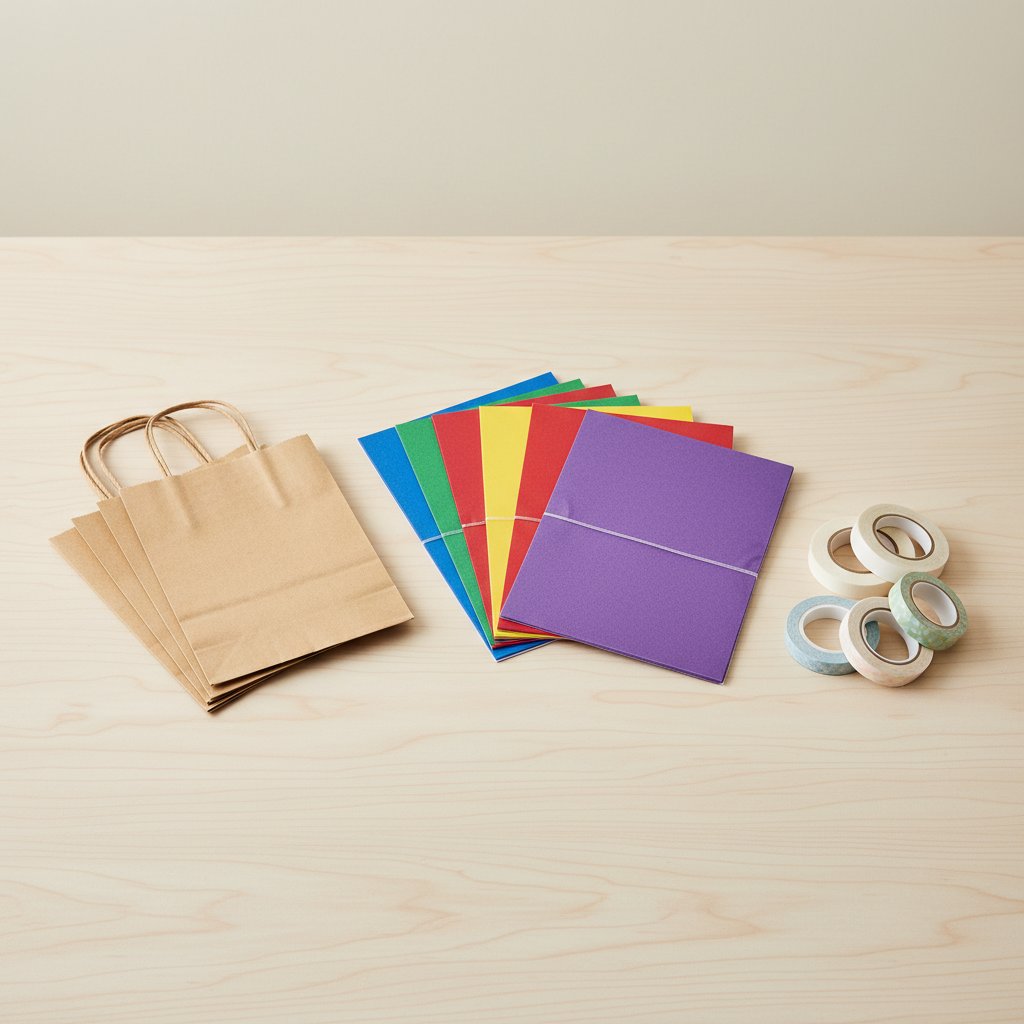 Flat-lay of colorful cardstock packs, kraft shopping bags and adhesive rolls suggesting bulk craft shopping