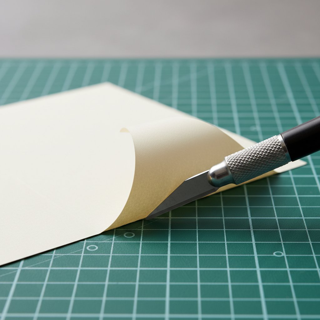 A corner of cardstock lifting and curling off a cutting machine mat showing poor adhesion during a cut job