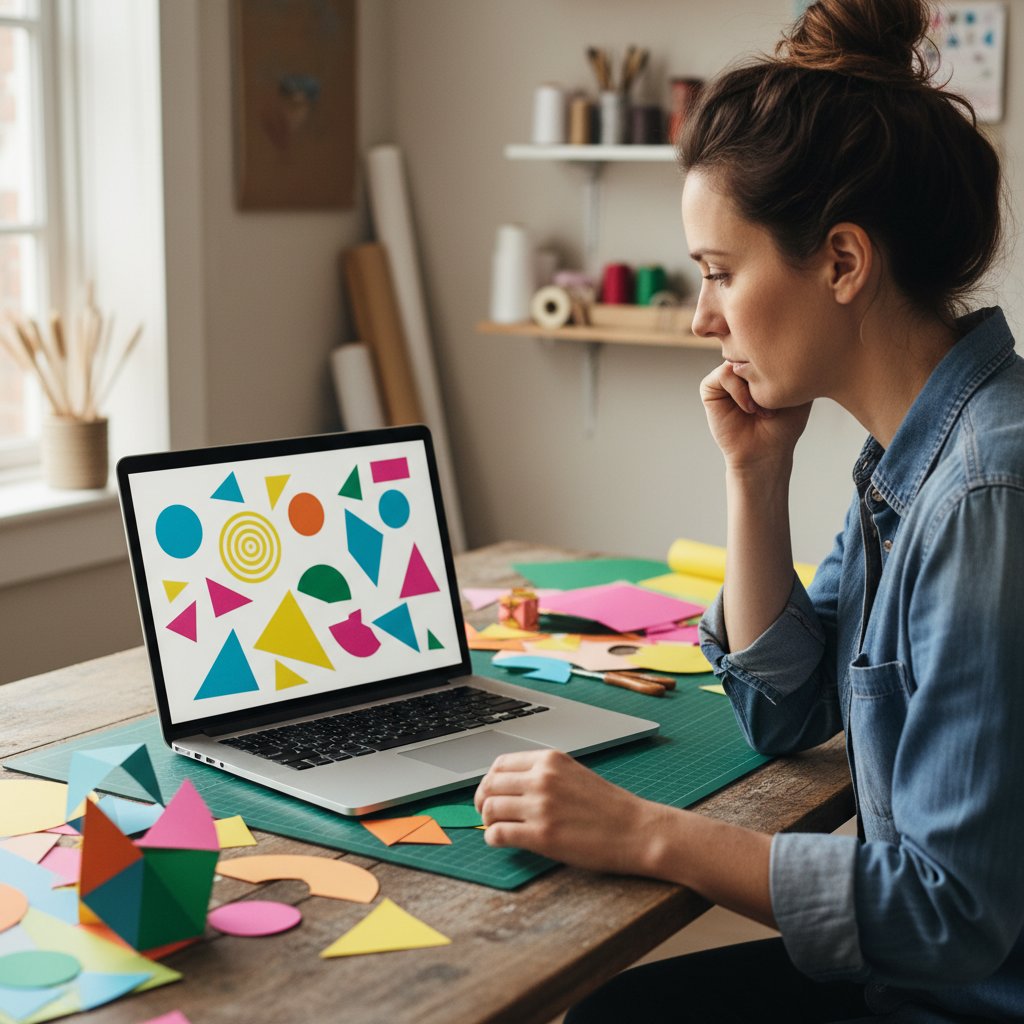 A crafter looking thoughtfully at a laptop showing scattered disconnected colorful abstract paper-craft shapes while troubleshooting