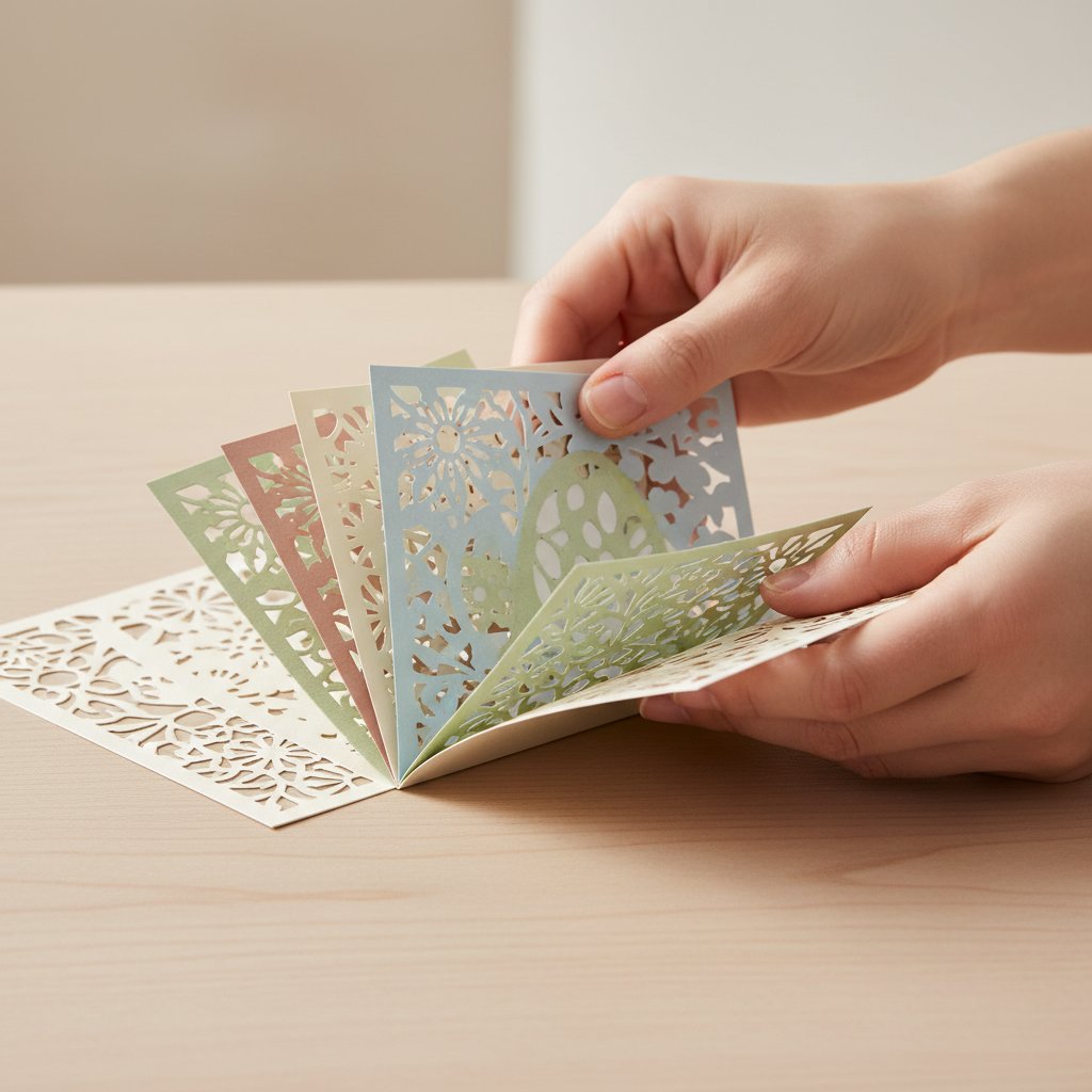 Crafter loosely stacking paper-cut cardstock layers by hand to preview the look before assembly