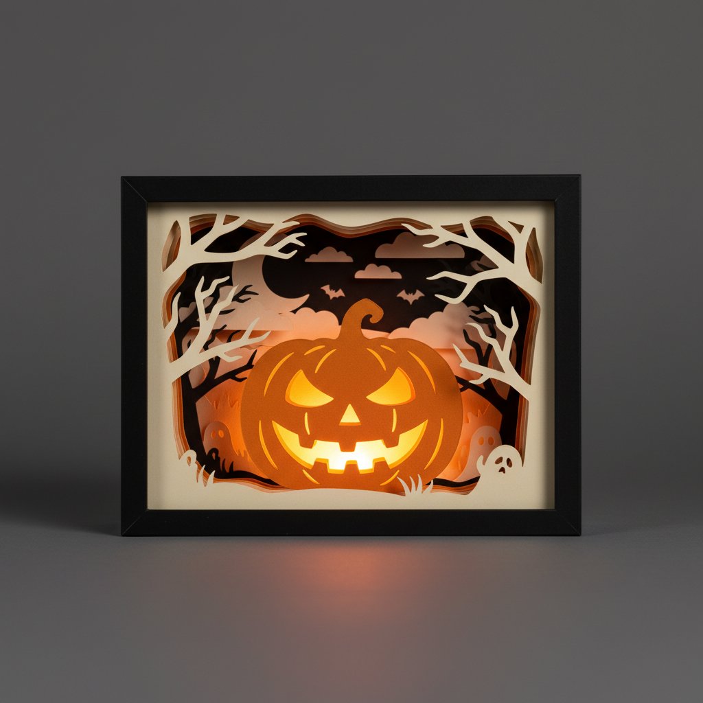 Layered paper-cut Halloween jack-o-lantern pumpkin shadow box glowing orange