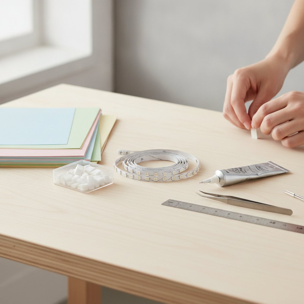 Shadow box crafting materials organized including stacked cardstock, foam spacers, an LED light strip, precision glue, a ruler and tweezers