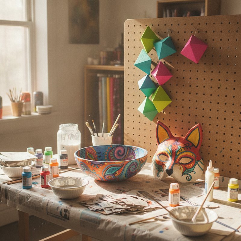 A collection of colorful paper mache projects including a painted decorative bowl, an animal mask, and a geometric wall sculpture, arranged on a craft table with paste, newspaper strips, paint supplies, and brushes