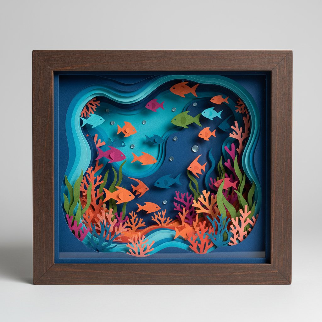 A finished deep multi-color layered paper shadow box of an underwater ocean scene with fish coral and seaweed