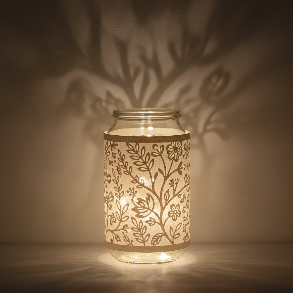 Cut-out silhouette paper lantern around a jar casting patterned shadows on a wall