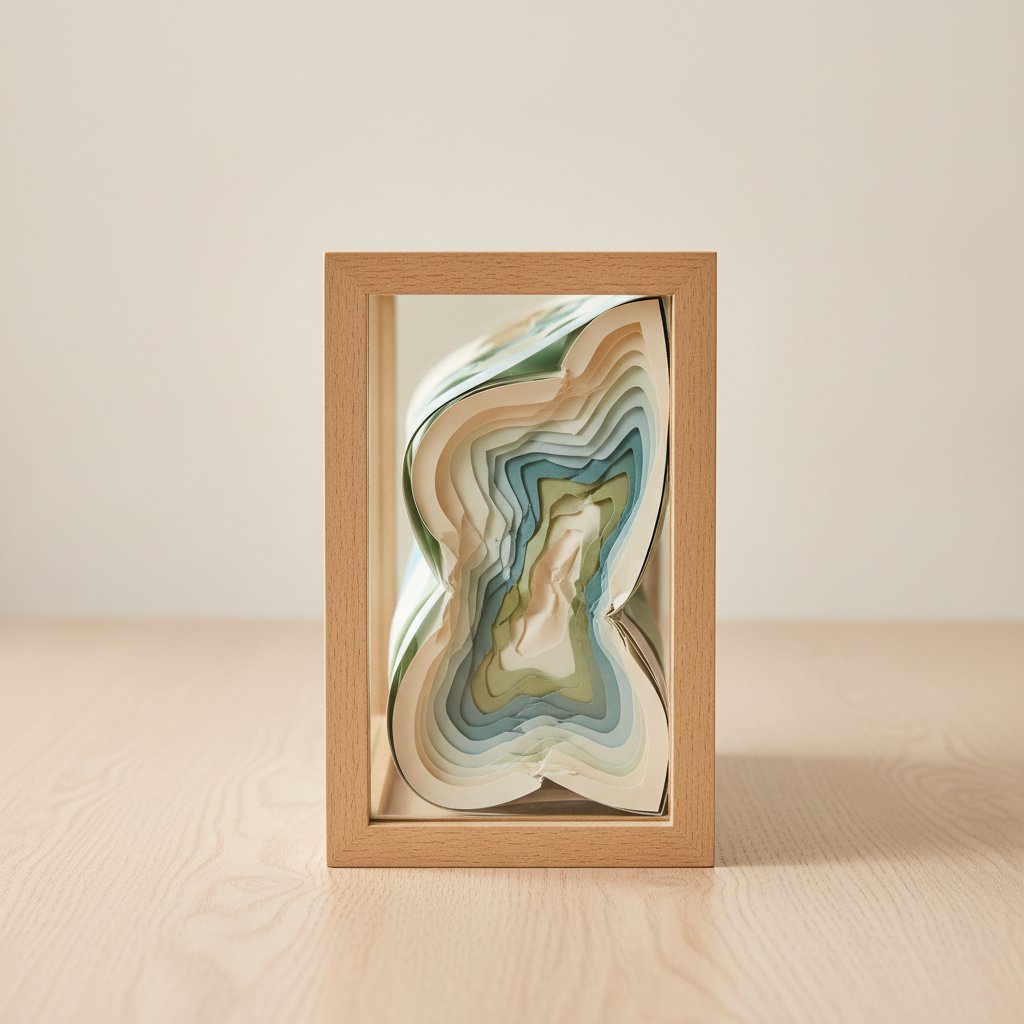 Shadow box where layered paper is compressed against the glass because the frame is too shallow
