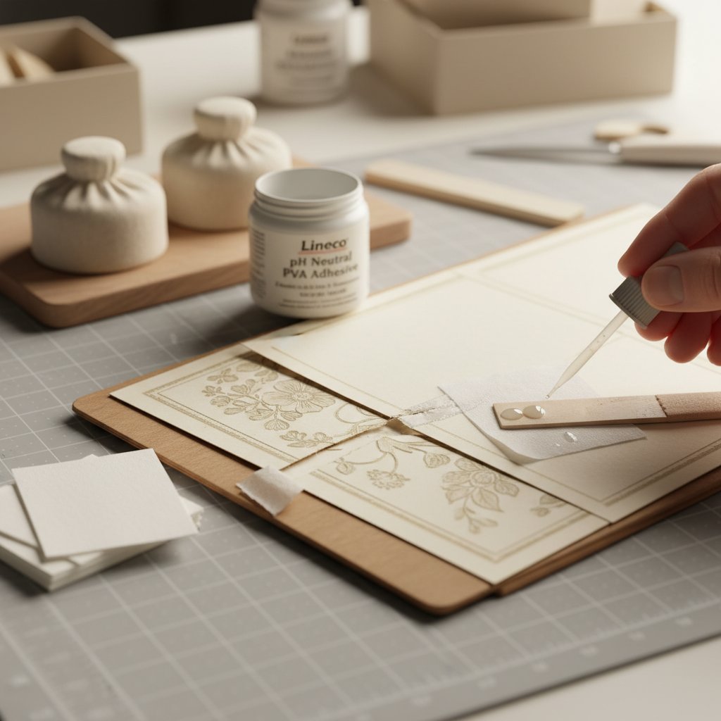 Tissue paper patch repair method with archival glue and bone folder for torn cardstock