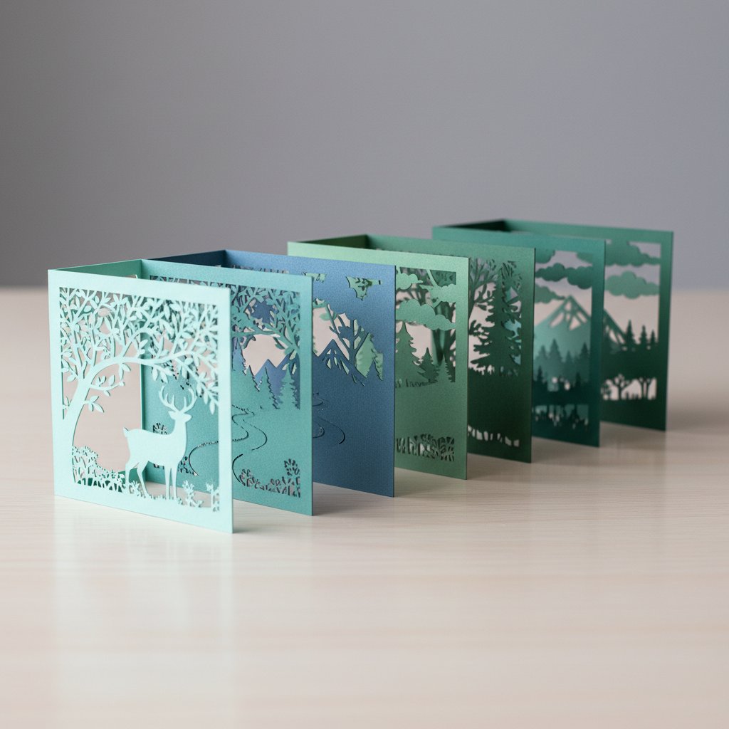 Separate individual paper-cut shadow box layers laid out in sequence on a wood surface