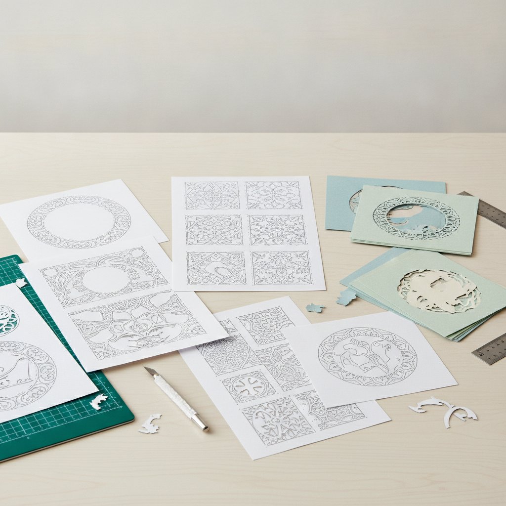 Several printed papercut shadow box template sheets next to freshly cut paper layers showing different design formats