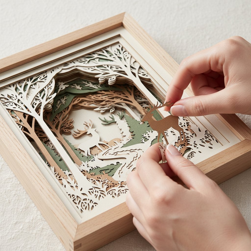 Layered paper-cut shadow box pieces dry-fitted inside an open frame to check alignment before gluing