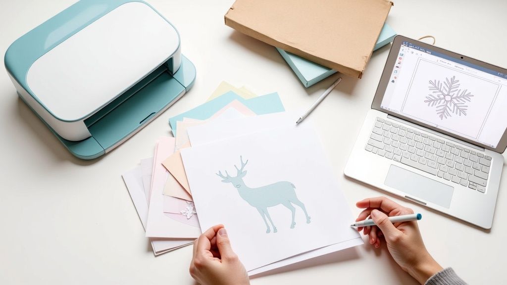 Person designing Christmas deer SVG file on laptop with Cricut printer and printed designs