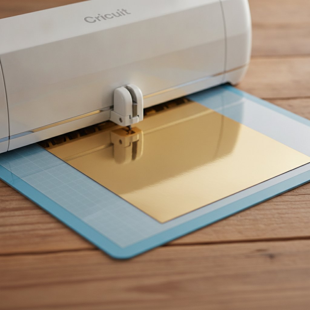 A sheet of mirror gold metallic cardstock loaded on a cutting mat in a cutting machine ready to cut