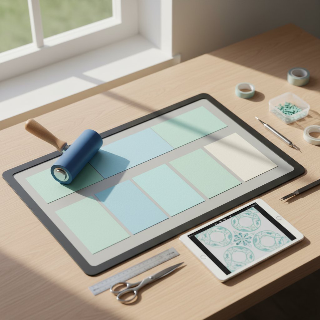 Overhead view of Cricut cutting mat preparation showing clean StandardGrip mat with cardstock sheets, brayer tool, and organized workspace for shadow box project