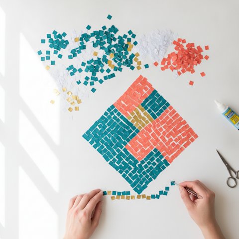 Colorful paper mosaic tiles in teal, coral, and gold arranged in geometric pattern with small grout gaps