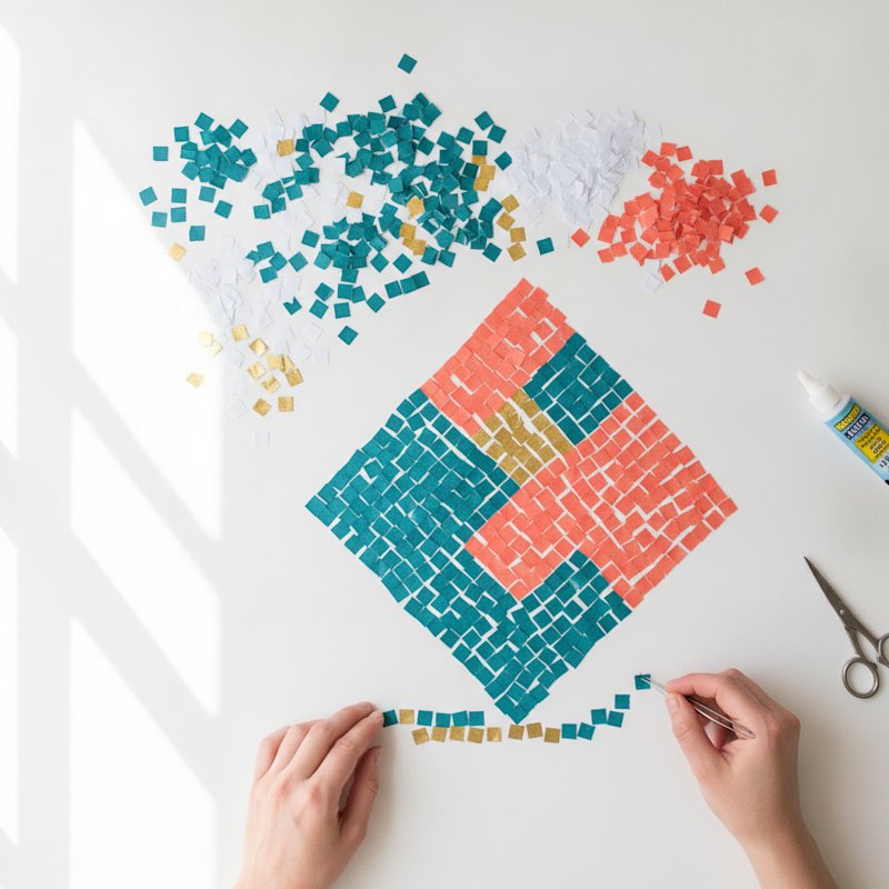 Colorful paper mosaic tiles in teal, coral, and gold arranged in geometric pattern with small grout gaps