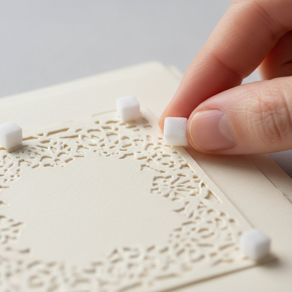 White 3D foam adhesive squares applied to the back corners of a paper-cut cardstock layer for spacing